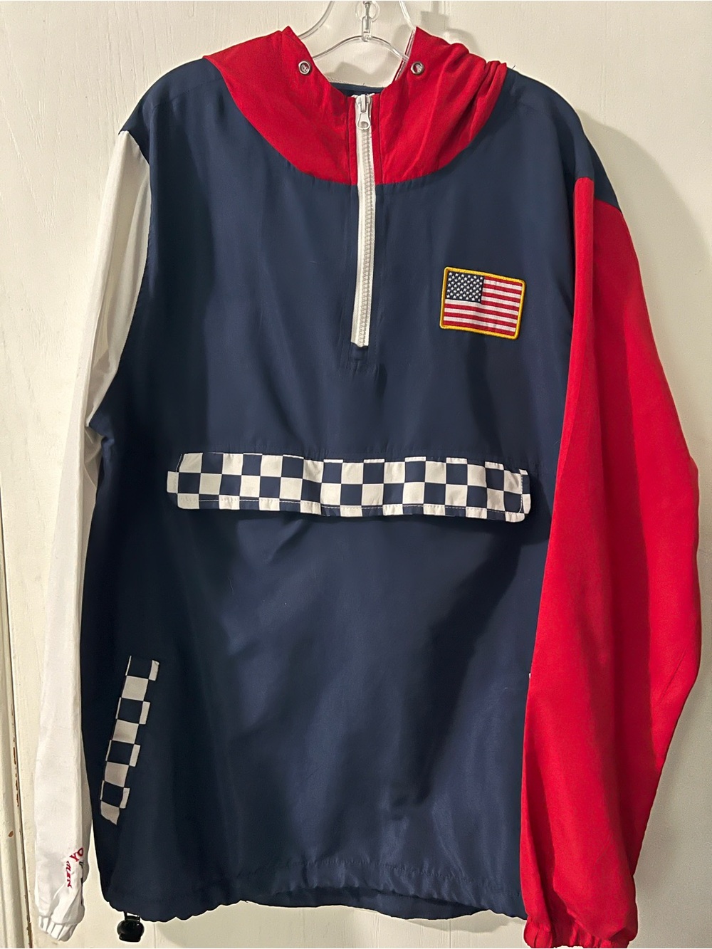 Kids Navy, Red & White Hooded One-Piece Pullover with American Flag